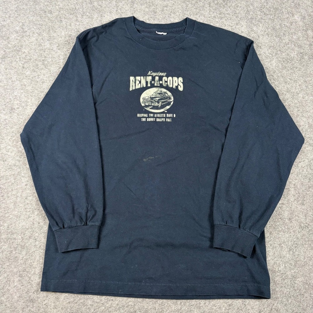 Y2K Rent-A-Cops Long Sleeve Shirt Mens Large Navy Blue Keystone Graphic Humor - Picture 1 of 8